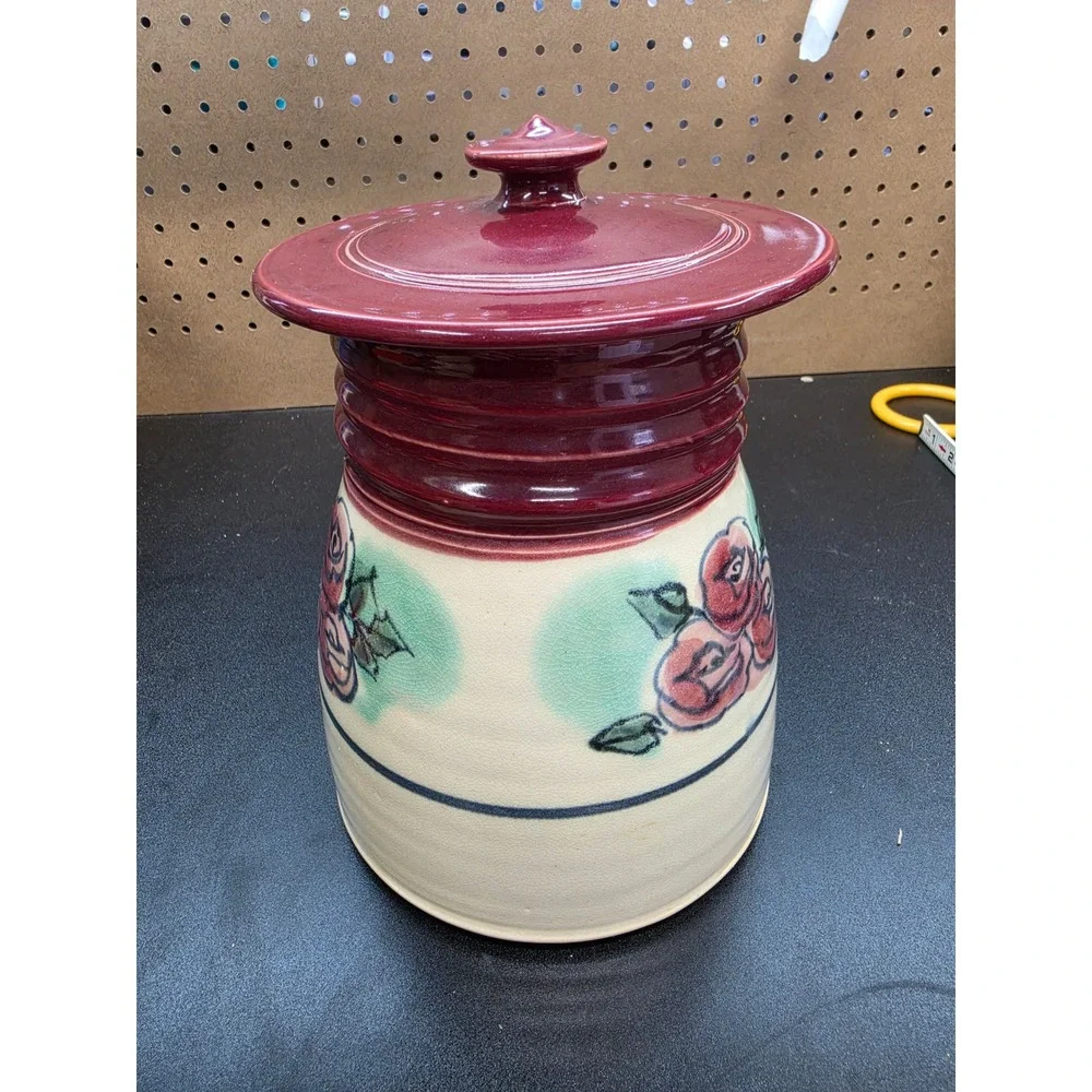 Signed Studio Pottery Rose Canister Burgundy Cream Stoneware Lidded Jar 9.5